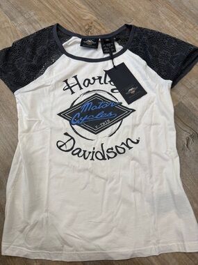 Harley-Davidson White Tee with Black Lace Raglan and Blue Logo